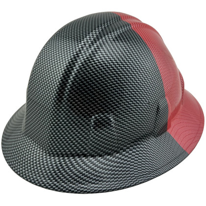 50-50 Black and Red Carbon Fiber Design Full Brim Hydro Dipped Hard Hats
Left Side Oblique View