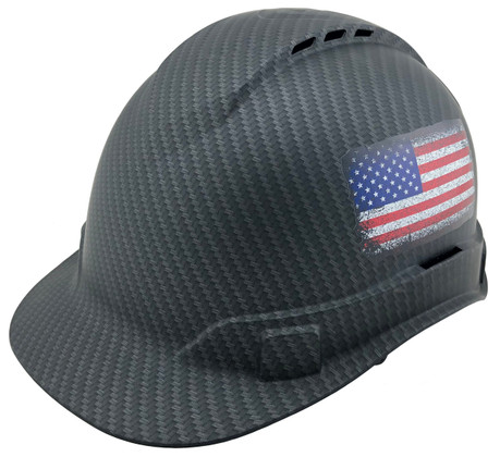 Pyramex Ridgeline Cap Style Hard Hat with Black Graphite Pattern with USA Flags
Left Side Oblique View