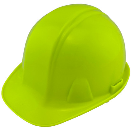 Pyramex 4 Point Cap Style Hard Hats with RATCHET Suspension Hi Viz  Yellow
Left Side Oblique View