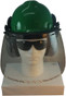 MSA V-Gard Cap Style hard hat with Clear Faceshield, Hard Hat Attachment, and Earmuff - Green - Front View Earmuffs Down
