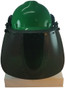 MSA V-Gard Cap Style hard hat with Dark Green Faceshield, Hard Hat Attachment, and Earmuff - Green - Front View Earmuffs Down