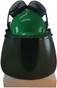 MSA V-Gard Cap Style hard hat with Dark Green Faceshield, Hard Hat Attachment, and Earmuff - Green - Front View Earmuffs Up