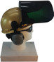 MSA V-Gard Cap Style hard hat with Dark Green Faceshield, Hard Hat Attachment, and Earmuff - Gold - Up Position
