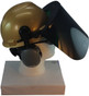 MSA V-Gard Cap Style hard hat with Dark Green Faceshield, Hard Hat Attachment, and Earmuff - Gold - Partway Up Position