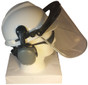 MSA V-Gard Cap Style hard hat with Clear Aluminum Bound Edges Faceshield, Hard Hat Attachment, and Earmuff - White - Faceshield in partway up position