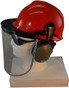 MSA V-Gard Cap Style hard hat with Clear Aluminum Bound Edges Faceshield, Hard Hat Attachment, and Earmuff - Orange - Left Side View