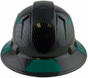 Pyramex Ridgeline Full Brim Style Hard Hat with Shiny Black Pattern with Green Decals - Oblique View