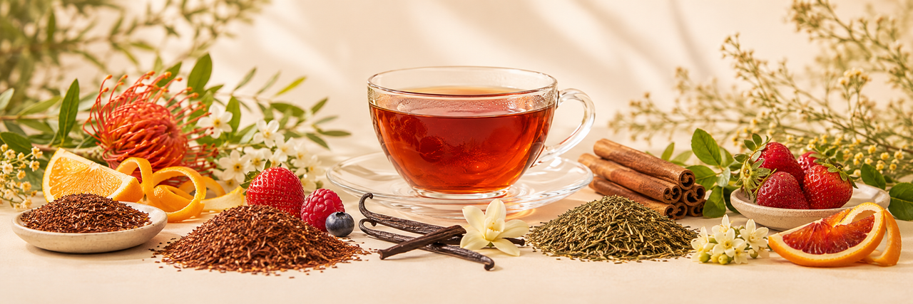 Red and green rooibos teas with fruit and spices