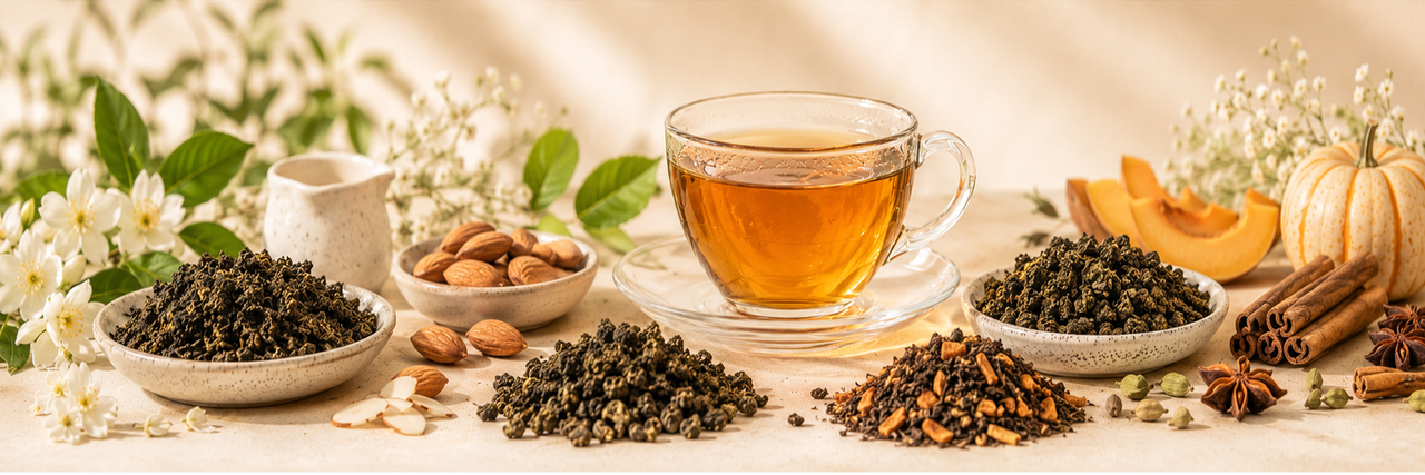 Oolong loose-leaf tea with a golden cup of tea