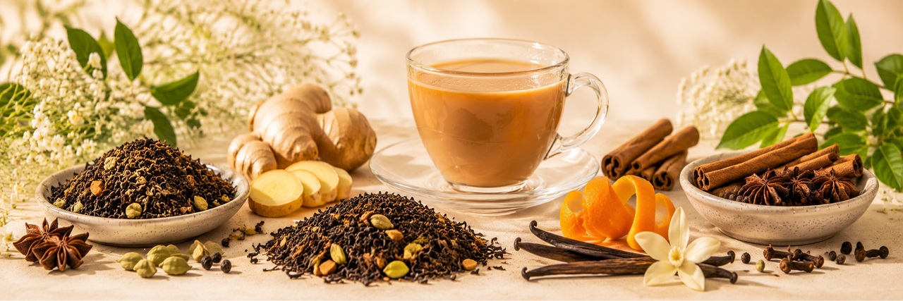 Chai tea with cinnamon, ginger, cardamom, and spices