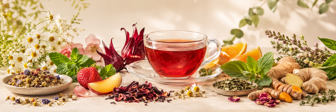 Colorful herbal tea with fruits, flowers, and roots