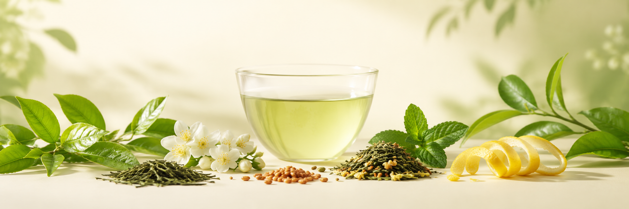 Green loose-leaf tea with a pale green cup of tea