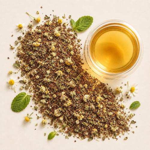 Foxtrot Wellness Herbal Tea
Like the dance that inspired its name, our Foxtrot tea is an overnight success that will leave you giddy with joy. It is an herbal cocktail of Egyptian chamomile, South African Rooibos and fresh peppermint leaves. A soothing blend of familiar tastes that produces a pleasantly original combination. It is entirely caffeine-free. The spring in your step is due entirely to its enticing taste.