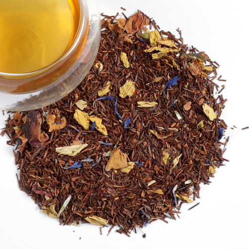 Delicate caffeine free mixture based on Rooibos (92%), adorned with flower pedals of Sunflower, Rose and Cornflowers. Awaken your senses with this aromatic rooibos blend, that when brewed has a delightful floral scent and flavor. Each cup of this tea is brimming with healthful properties.
