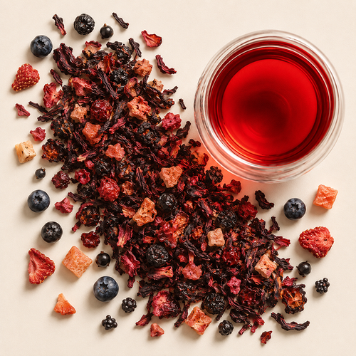 Our Royal Red Infusion is a delicious herbal blend of Hibiscus Petals, Blueberries, Elderberries, Raspberry and Strawberry pieces. Exotic papaya pieces and currants add a fruity-sweet base for this delightful fruit tea giving it a distinct flavor and aroma. Perfect hot or iced or mix it with your favorite champagne! 
Ingredients: hibiscus petals, papaya pieces (papaya, sugar), currants (currants, sunflower oil), black currants, flavorings, elderberries, blueberries, raspberry pieces, strawberry pieces
