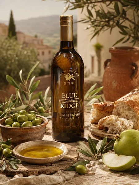 Blue Ridge Olive Oil Company olive oil bottle with olives and bread