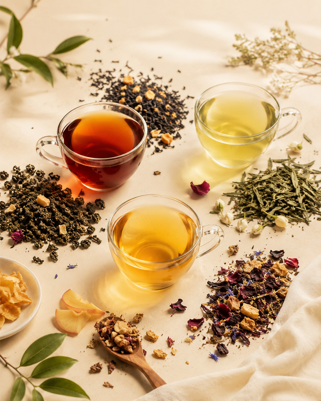 Assorted loose-leaf teas and glass teacups
