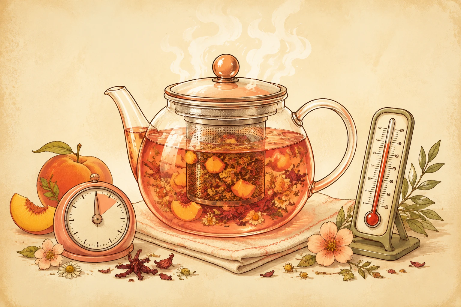 Georgia Peach herbal tea steeping beside a timer and thermometer