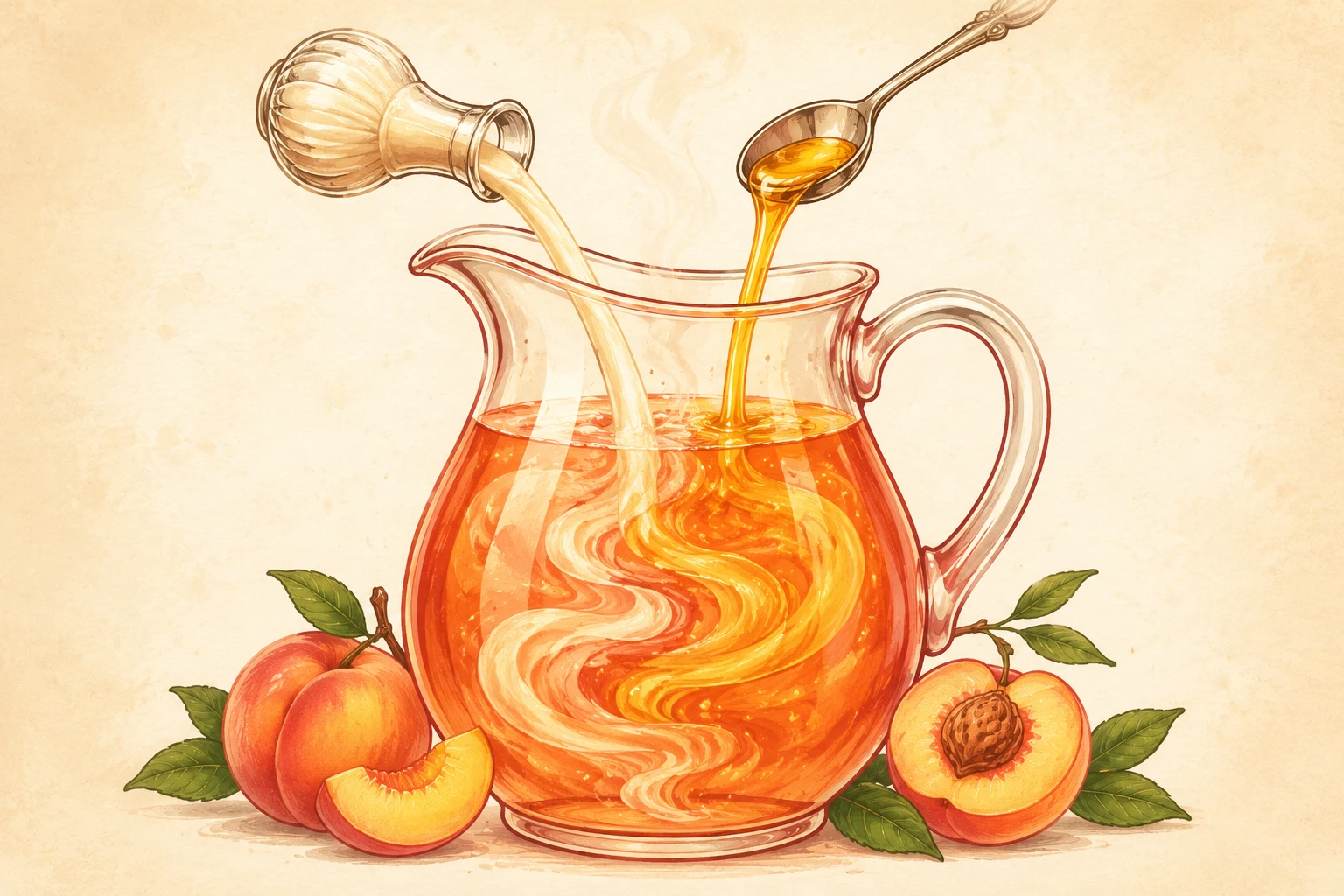 Vanilla syrup and golden agave being added to peach-colored tea