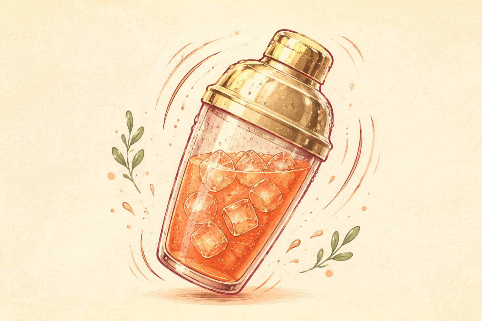 Tea shaker filled with peach tea and ice in motion