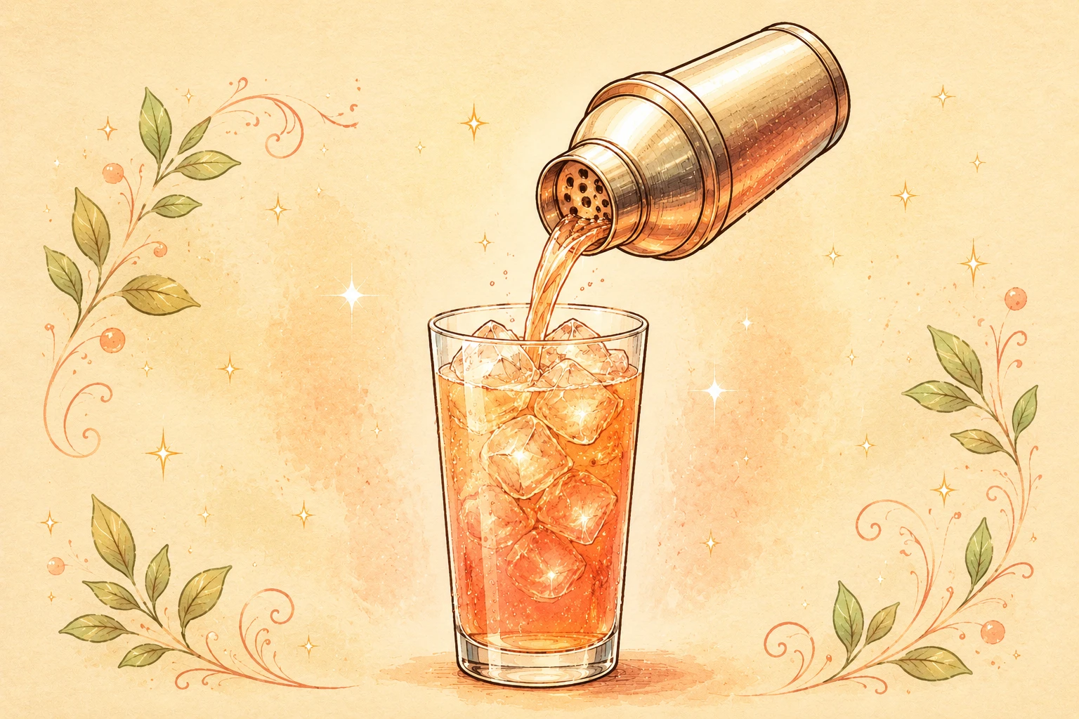 Illustrated Vanilla Peach Iced Tea being poured over ice
