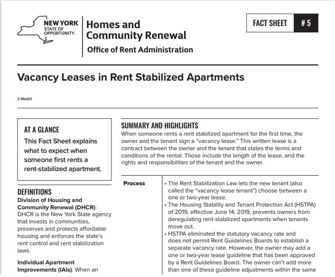 Fact Sheet #5: Vacancy Leases in Rent Stabilized Apartments (Free PDF file)