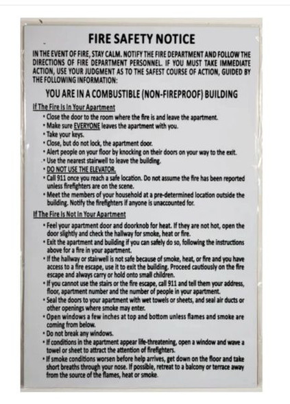 DOOR FIRE SAFETY NOTICE: NON-FIREPROOF BUILDING- material -PVC   SIGN