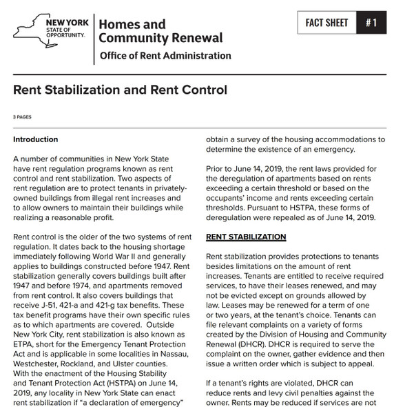 Fact Sheet #1: Rent Stabilization and Rent Control FDNY