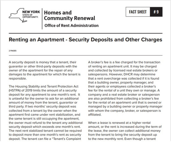 Fact Sheet #9 Renting an Apartment - Security Deposits and Other Charges Hpd