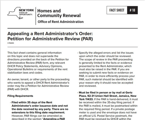 Fact Sheet #18: Appealing a Rent Administrators Order: Petition for Administrative Review Hpd