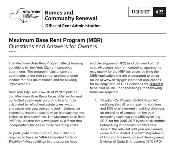 Fact Sheet #22: Maximum Base Rent Program (MBR) – Questions and Answers for Owners Hpd