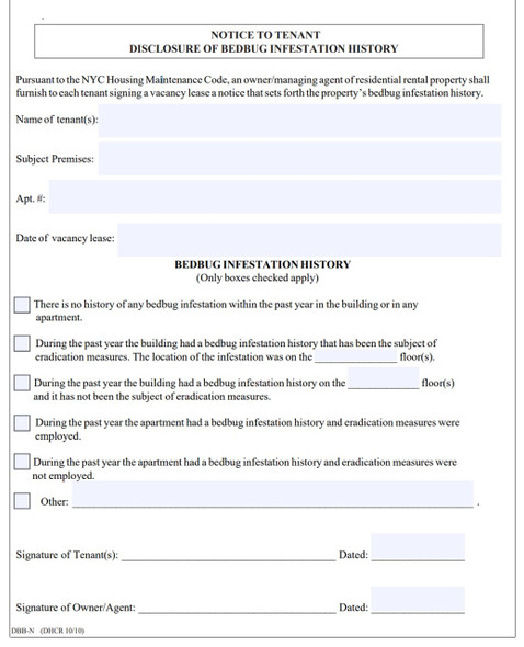 NOTICE TO TENANT  DISCLOSURE OF BEDBUG FOR TENANT