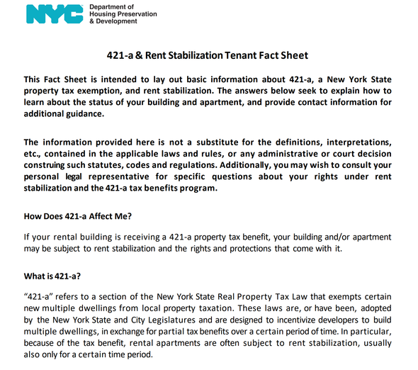 421-a & Rent Stabilization Tenant Fact Sheet Provide by  NYC HPD ( pdf file)
