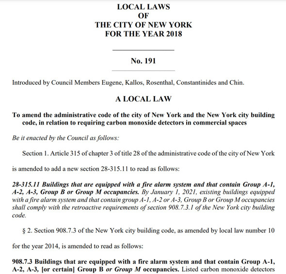 Commercial Building Carbon Monoxide Detector law nyc  (pdf file)