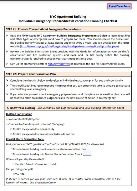 nyc Emergency Preparedness/ Evacuation Planning Checklist