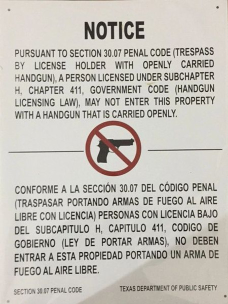 SECTION 30.06 PENAL CODE - NO HANDGUNS SIGN