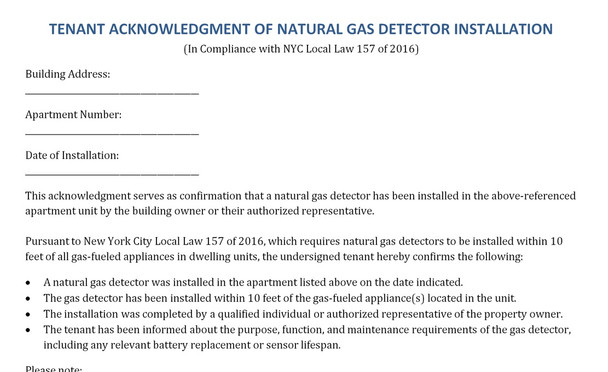 Natural Gas Detector Installation LL157 Tenant Acknowledgment  ( word Doc )