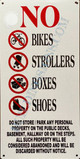 SIGN NO BIKES, STROLLERS, BOXES AND SHOES IN PUBLIC AREAS - WHITE BACKGROUND (ALUMINUM S)