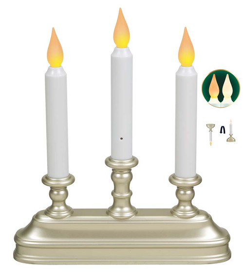 3 Tier Flameless Window Candle with Pewter Finish Dual LED White or Amber Flame