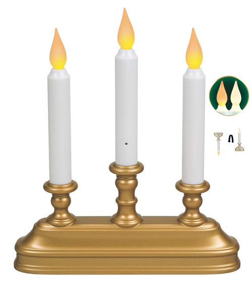 3 Tier Flameless Window Candle with Gold Finish Dual LED White or Amber Flame