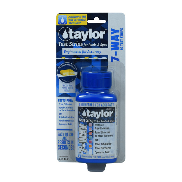 Taylor Test Strips 7-Way Free Chl Tot Chl/Br pH Alk Cal CYA - 50ct