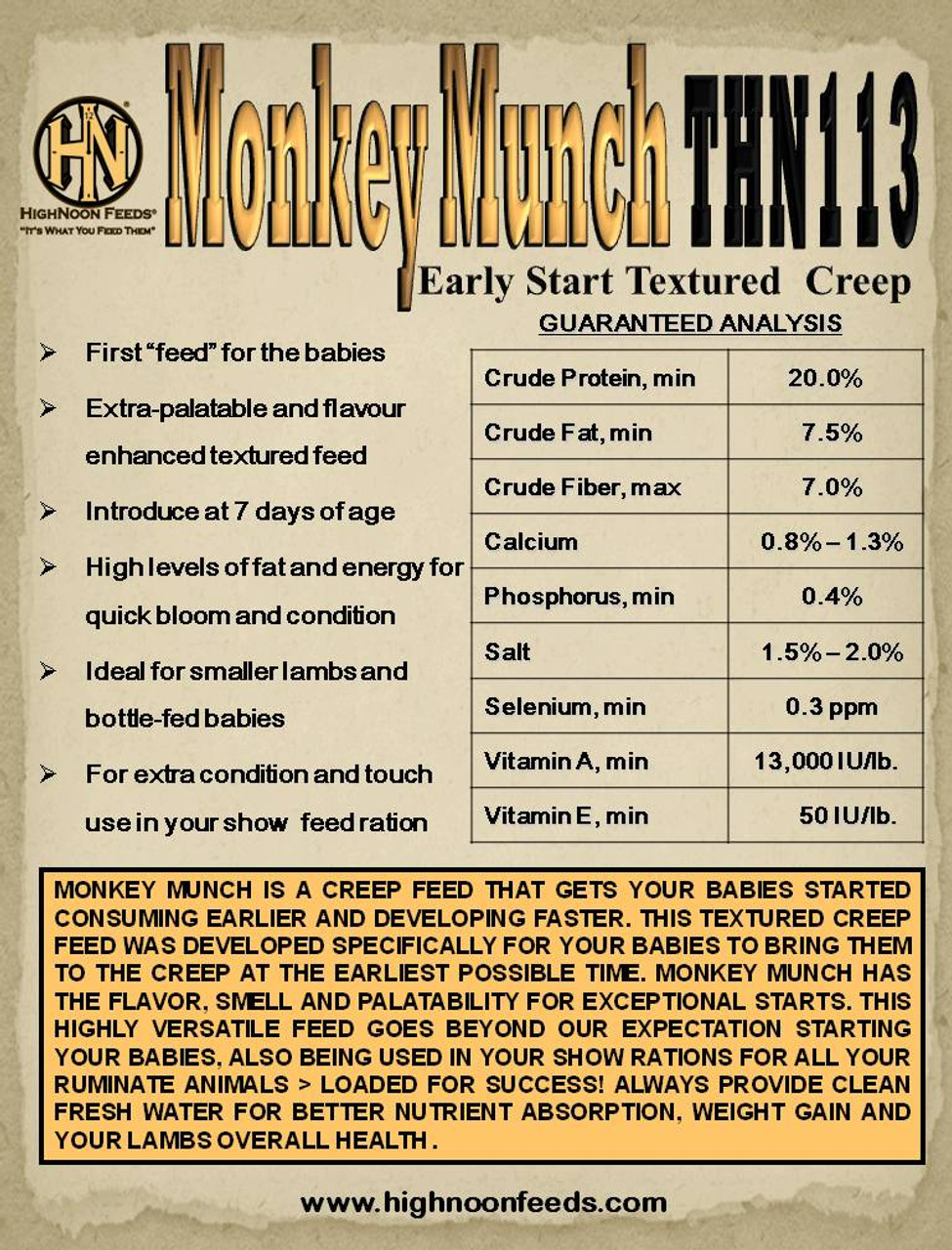 High Noon Monkey Munch Lamb Feed-50lbs
