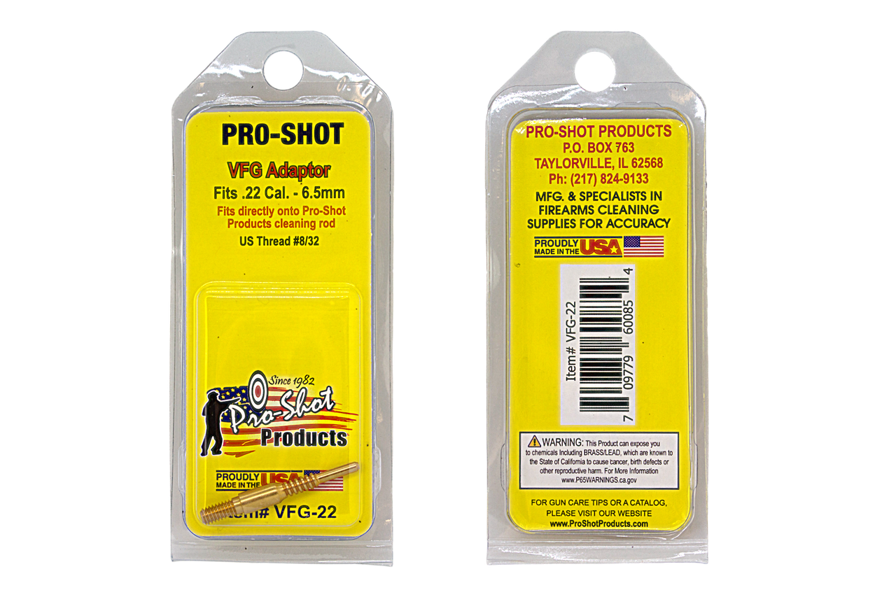 Pro Shot® VFG Adaptor fits onto .22 Cal.-6.5mm Pro-Shot Rod with #8/32 US Threads Pro Shot® VFG Adaptor fits onto .22 Cal.-6.5mm Pro-Shot Rod with #8/32 US Threads