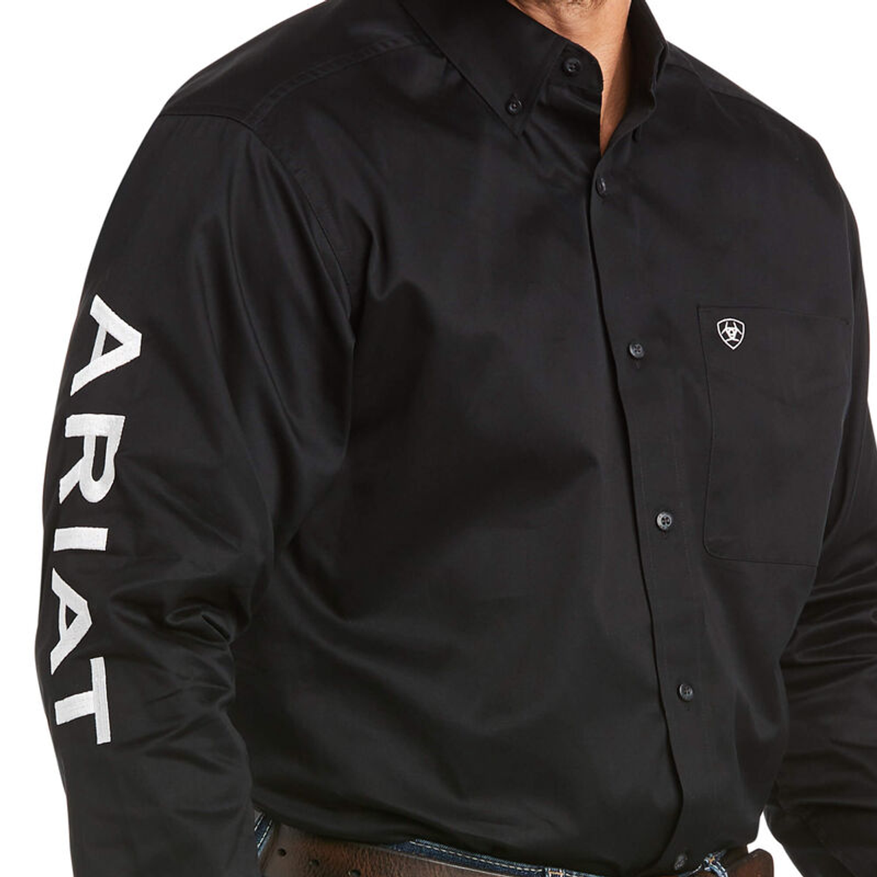 Ariat Men's Team Logo Twill Classic Fit Shirt - 10017497 - Black shirt with white logo lettering down sleeve