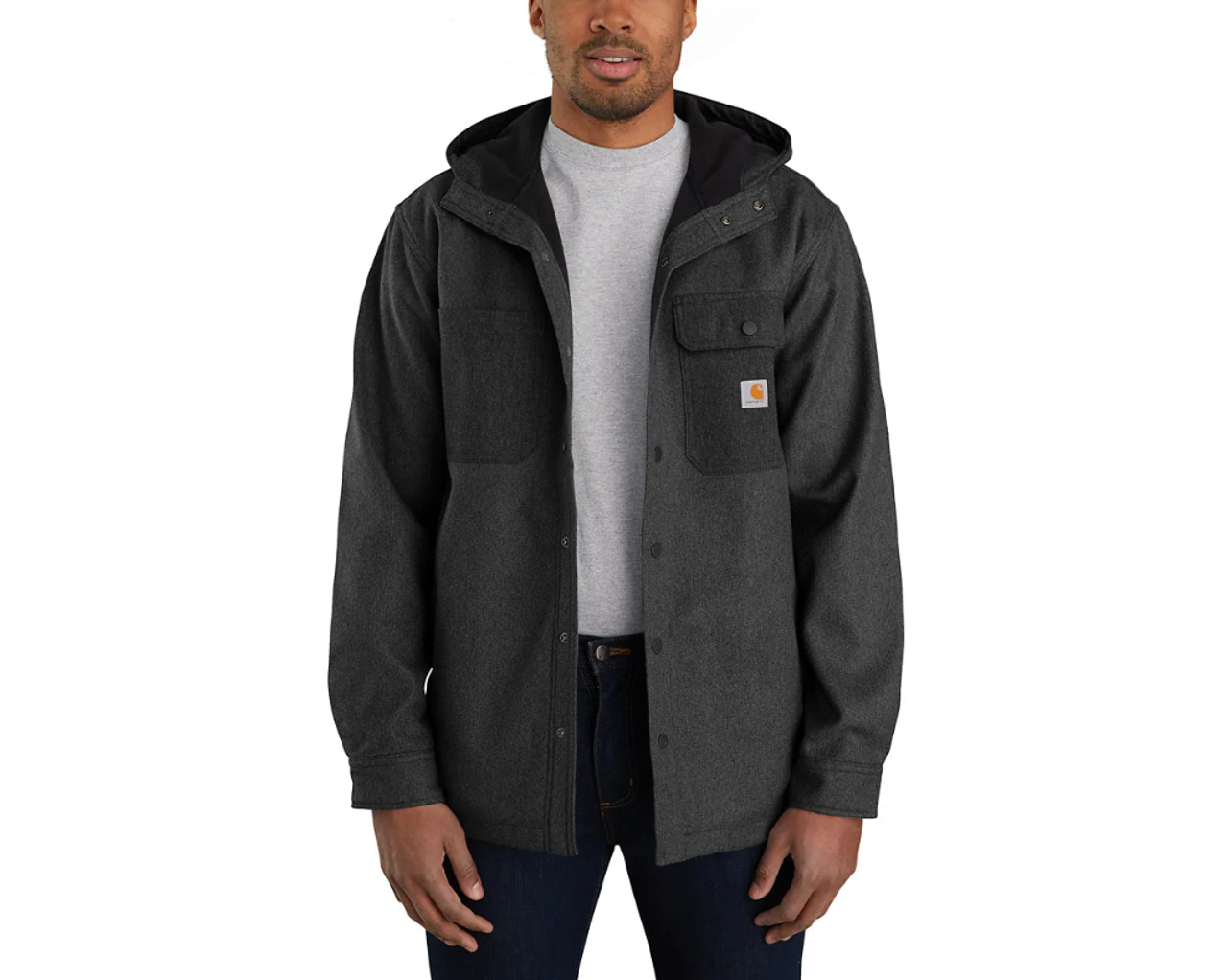 Carhartt Men's Rain Defender Relaxed Fit Heavyweight Hooded Shirt Jacket in Black Heather. 105022