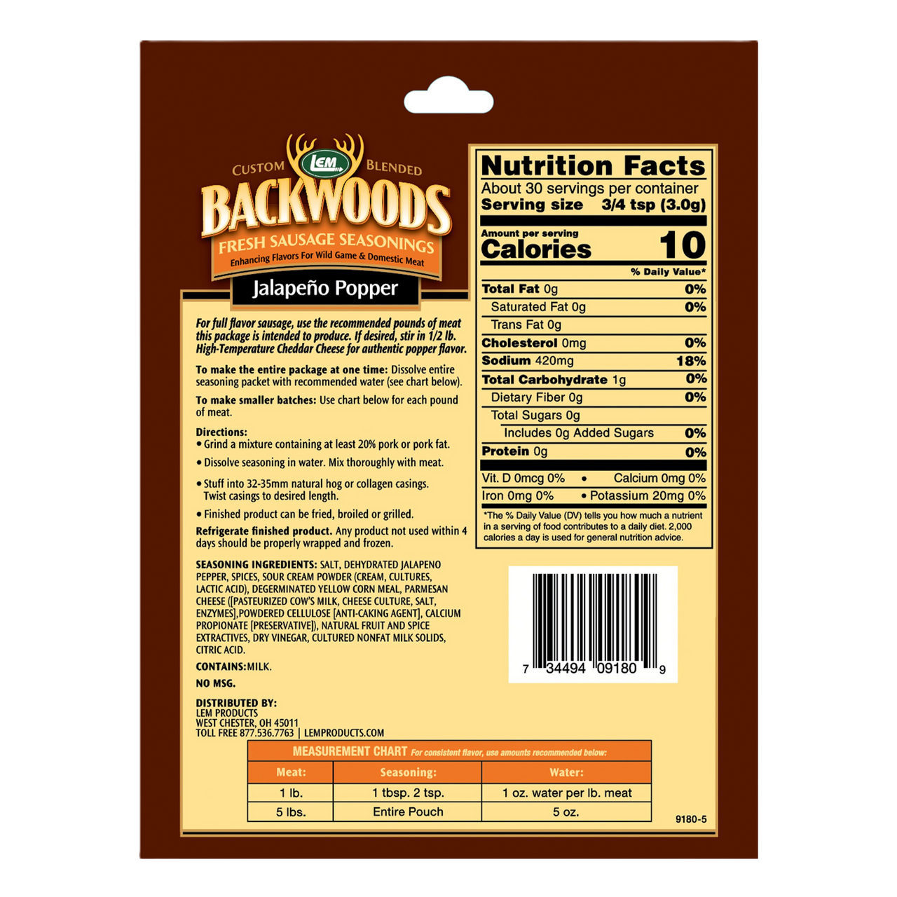 LEM® Backwoods® Jalapeno Popper Fresh Sausage Seasoning
5 lb Meat