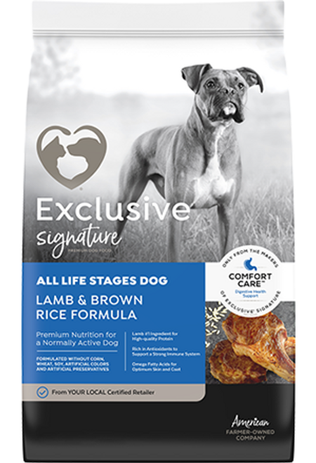 Exclusive® Signature All Life Stages Dog
Lamb & Brown Rice Formula 30# Exclusive® Signature All Life Stages Dog
Lamb & Brown Rice Formula 30#