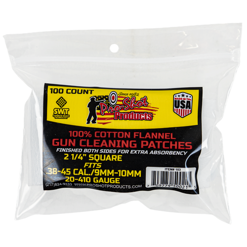Pro Shot® .38-.45 Cal. / 9-10mm / 20-410GA  2 1/4" Square 100 Count Cleaning Patches