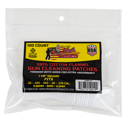 Pro Shot® .22-.270 Cal. / 5.56-6.5mm 1 1/8" Square 100 Count Cleaning Patches Pro Shot® .22-.270 Cal. / 5.56-6.5mm 1 1/8" Square 100 Count Cleaning Patches
