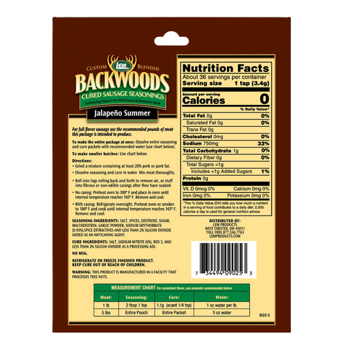 LEM® Backwoods® Jalapeno Summer Cured Sausage Seasoning
5lb meat